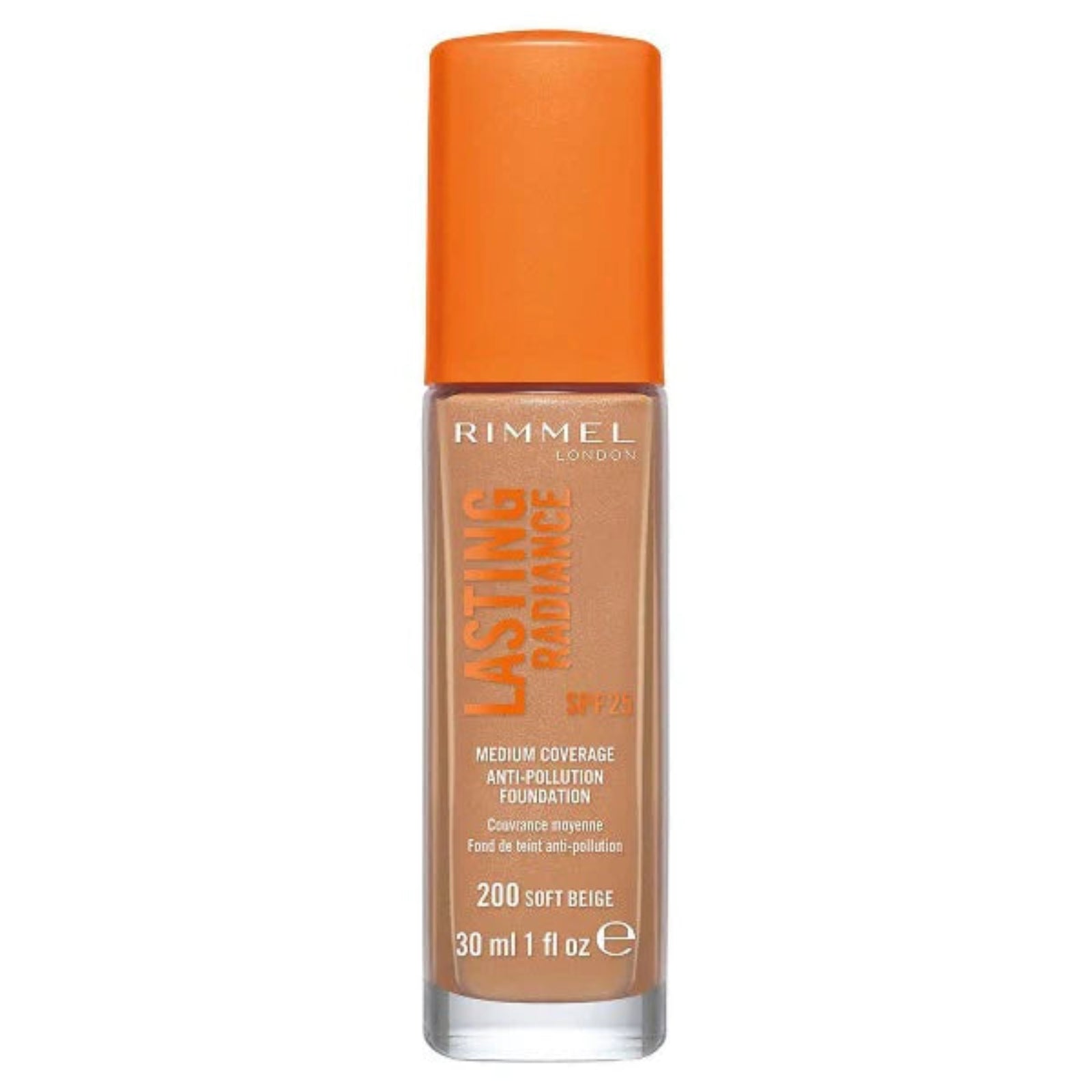 Rimmel Lasting Radiance foundation bottle with orange cap on a white background