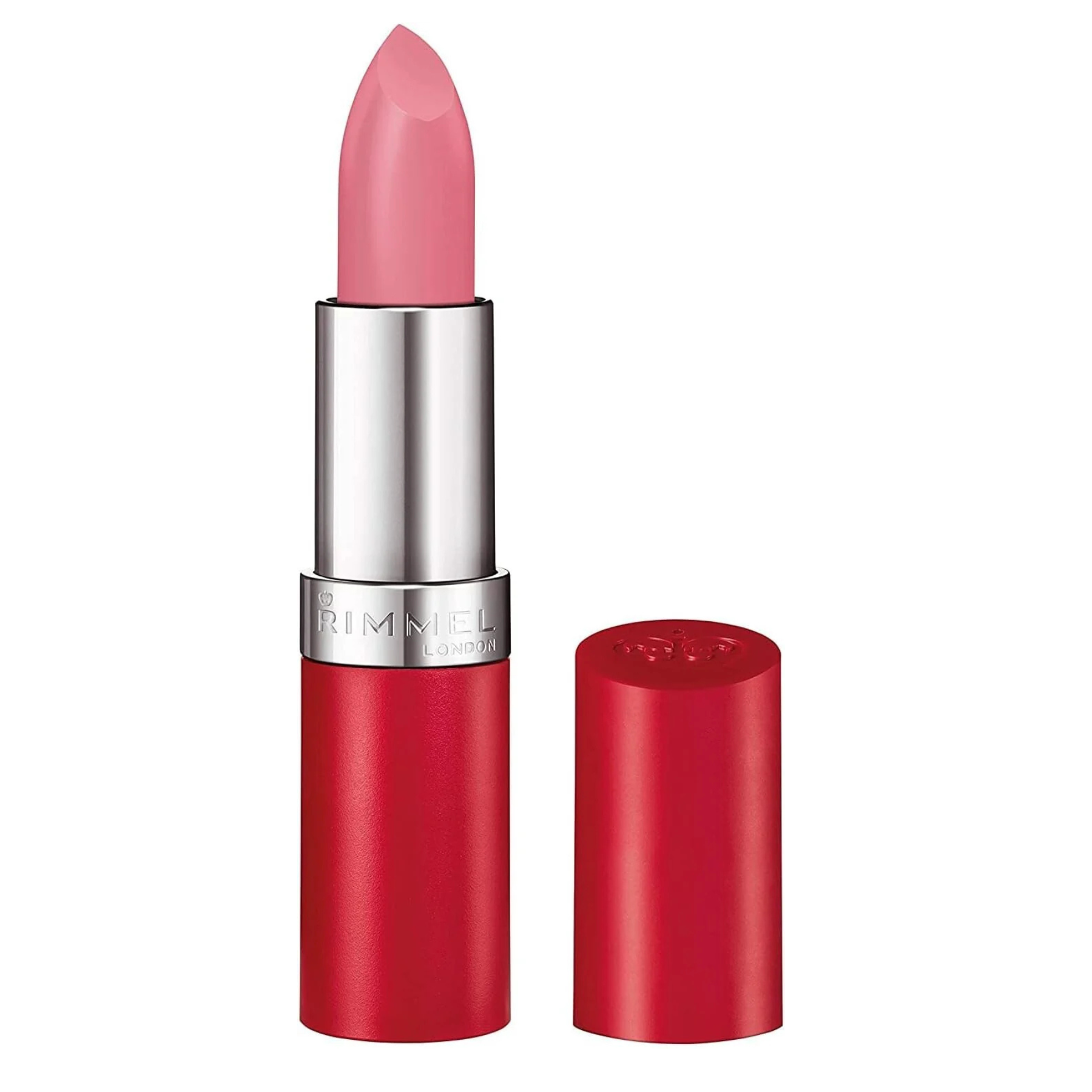 Lipstick with red casing and pink shade on a white background
