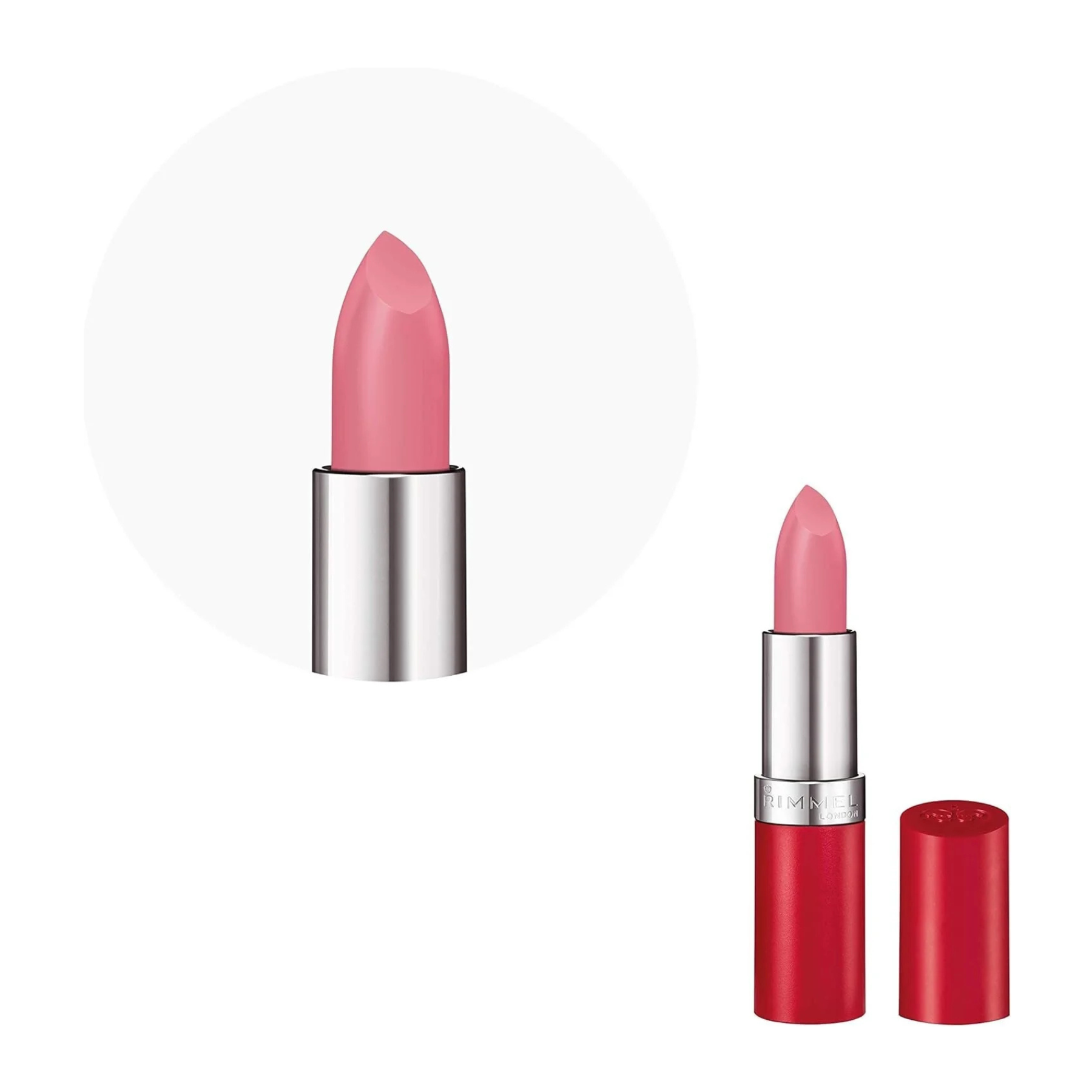 Pink lipstick with silver cap and red casing on a white background