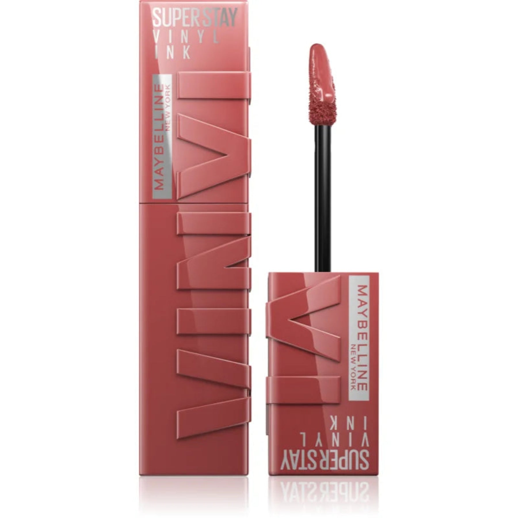 Maybelline Superstay Vinyl Ink lipstick This lipstick offers budge-resistant vinyl color, up to 16 hours wear, a Color Lock formula that defies smudging, and an instant shine finish. with packaging on a white background