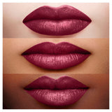Close-up of three different shades of purple lipstick on lips with a neutral background.
