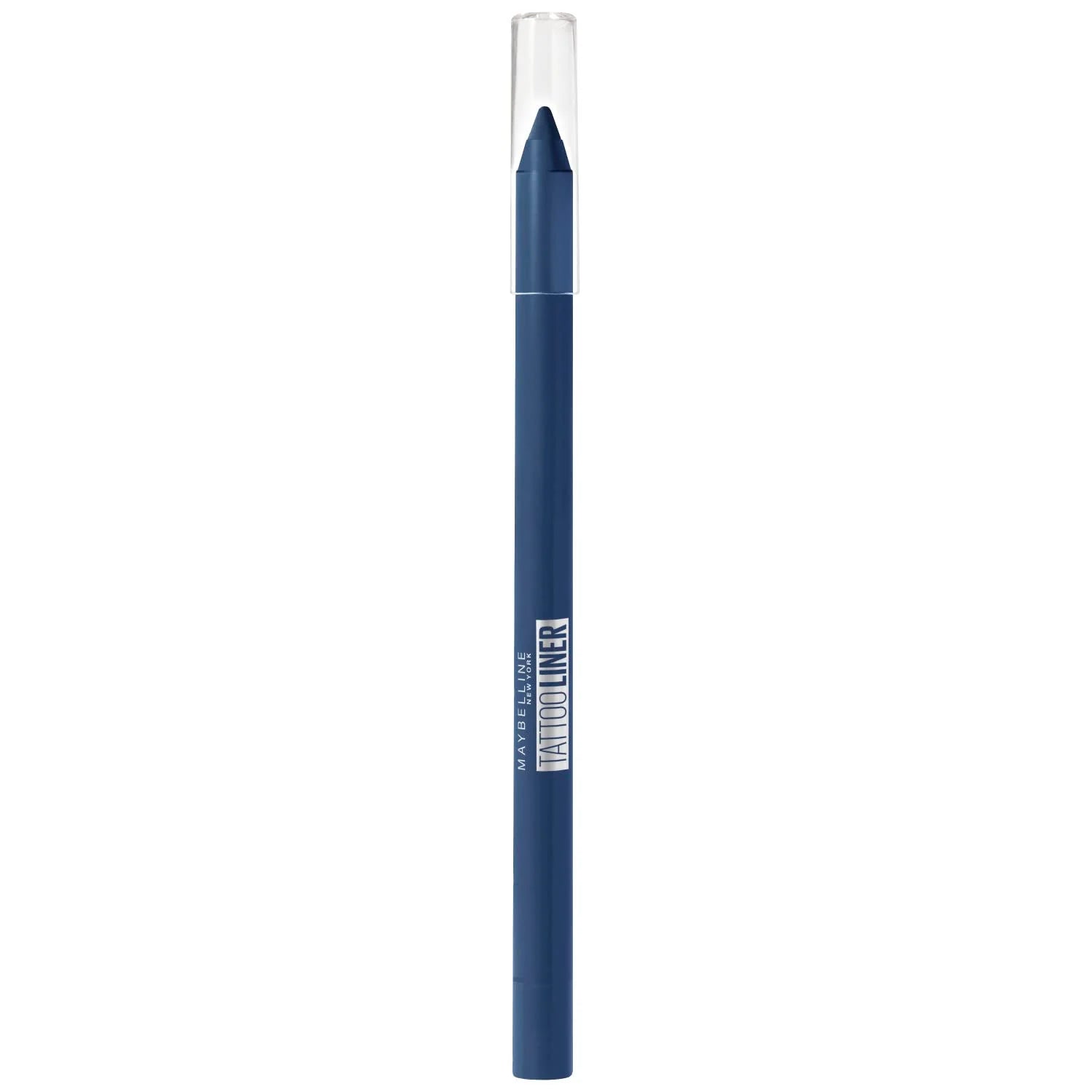 Blue eyeliner pencil with white cap on a white background