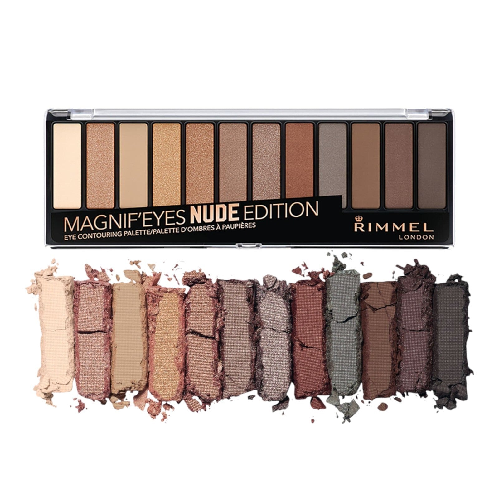 Rimmel Magnif'eyes Nude Edition eyeshadow palette with swatches on a white background