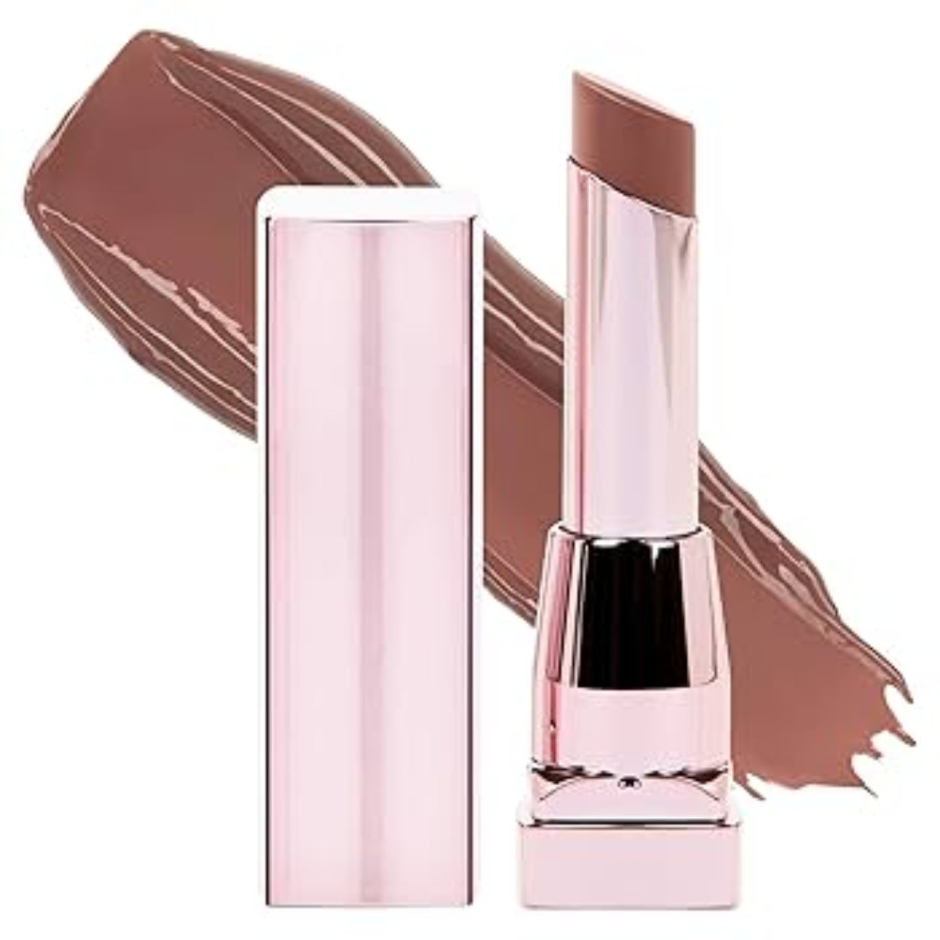 Lipstick with rose gold casing and brown shade on white background