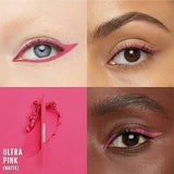Collage of eyes with pink eyeliner, including close-ups and a product image on a pink background.