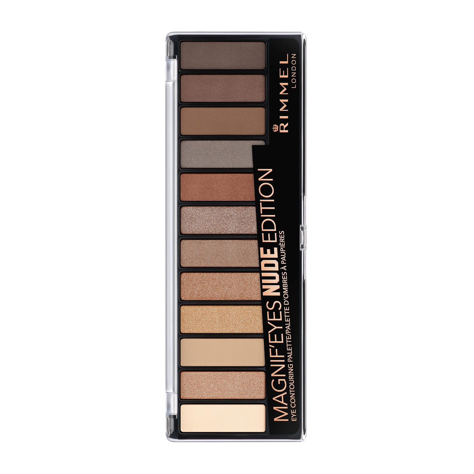 Rimmel London eye shadow palette with various shades on a white background