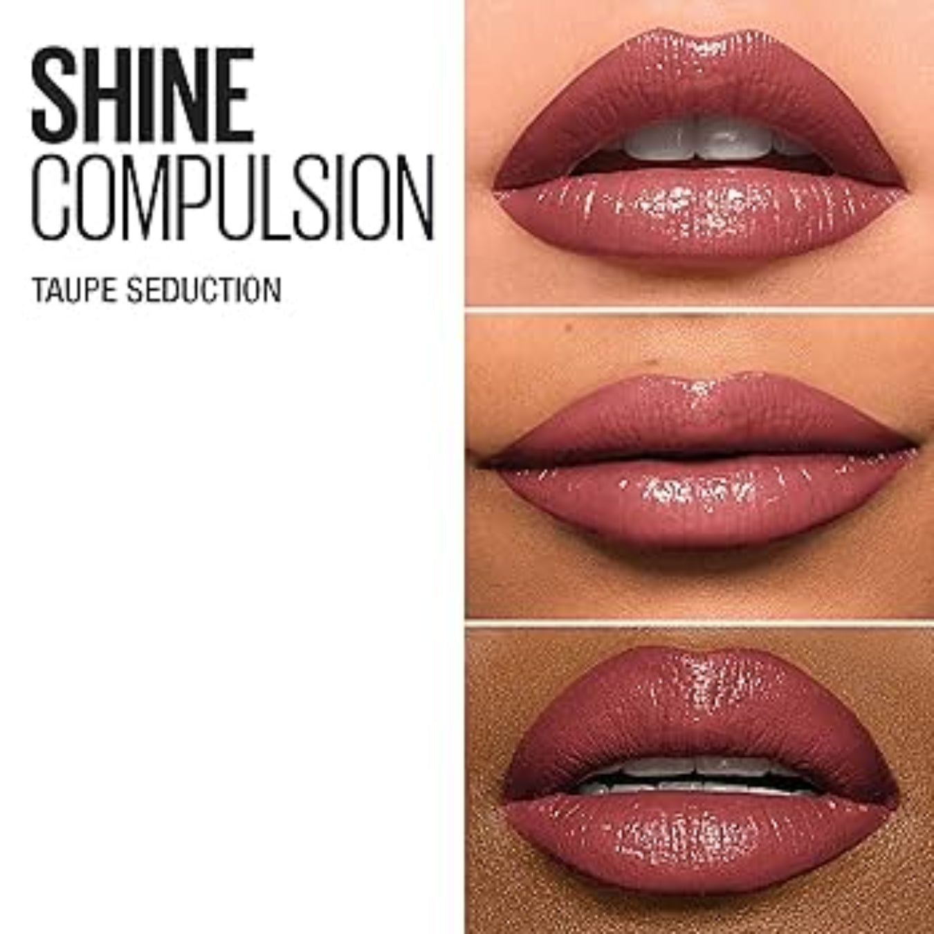 Lipstick shade 'Shine Compulsion Taupe Seduction' shown on lips with close-up details.