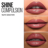 Lipstick shade 'Shine Compulsion Taupe Seduction' shown on lips with close-up details.