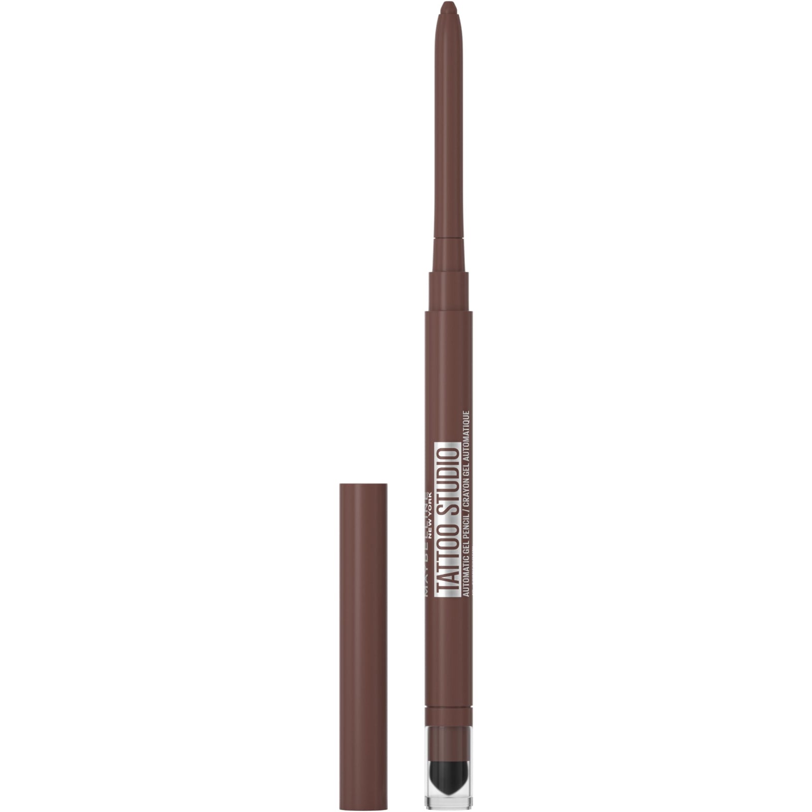 Brown eyeliner pencil with cap on a white background
