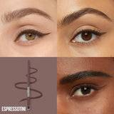 Eyebrow pencil with close-up examples of application on different skin tones.