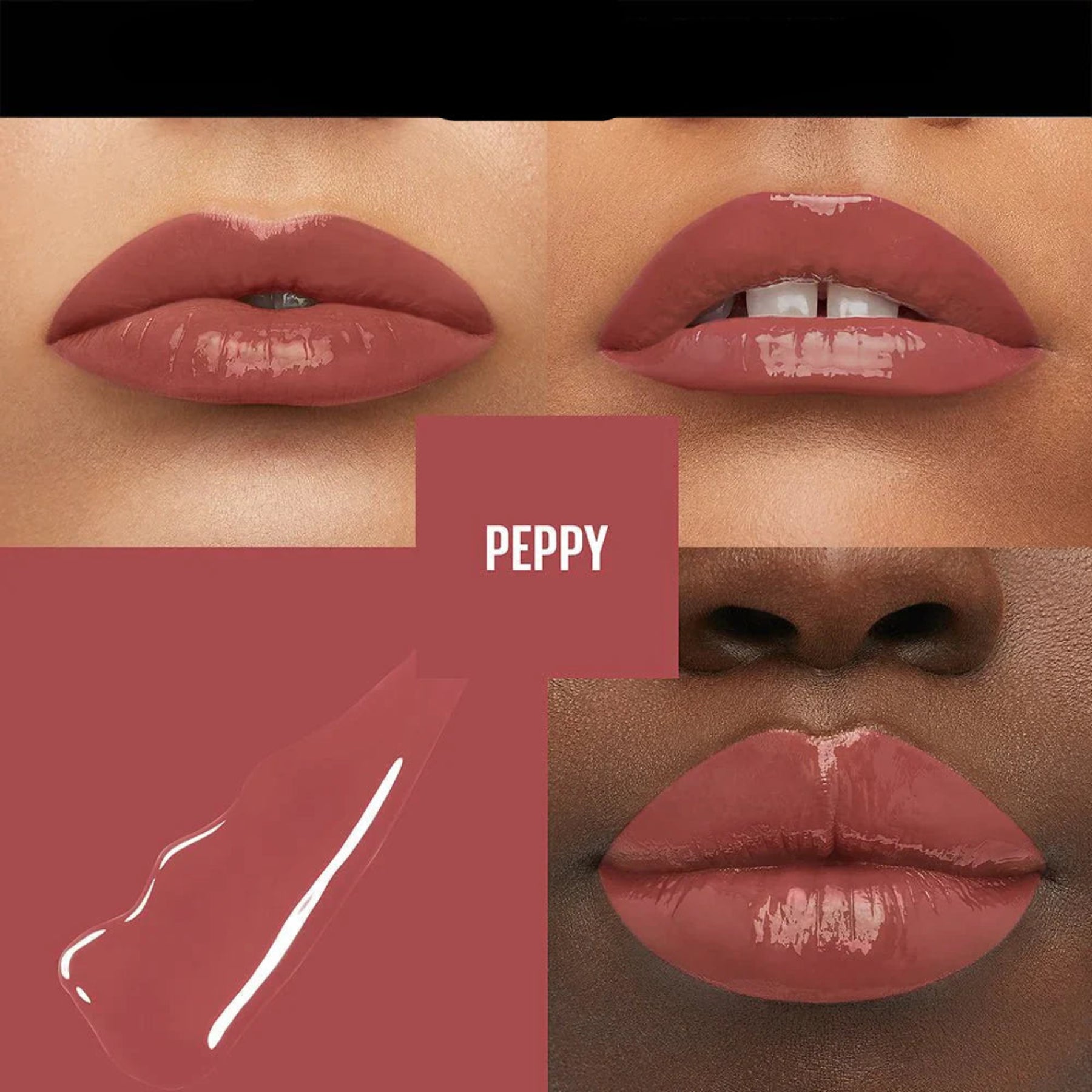 Maybelline New York lipstick with close-up of lips and color swatch, featuring the 'Peppy' shade.