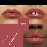 Maybelline New York lipstick with close-up of lips and color swatch, featuring the 'Peppy' shade.