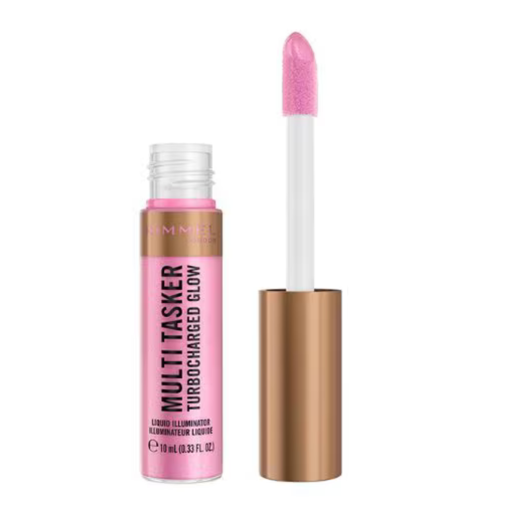 Makeup product with pink cap and gold body on a white background Rimmel_Multi_Tasker_Turbocharged_Glow_10ml_-_001_CarlaLouise.co.uk