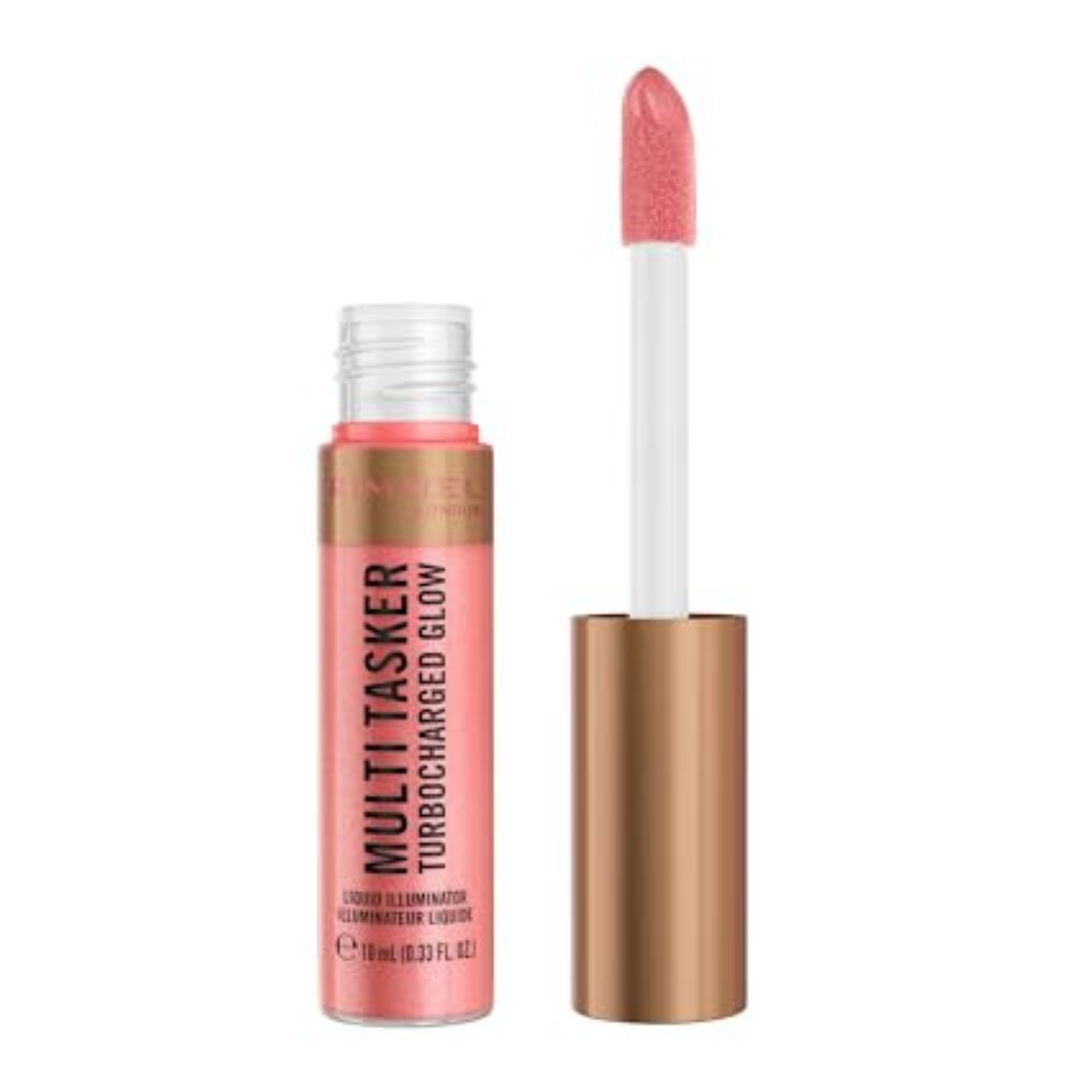 Lip gloss with pink shade and gold cap on a white background Rimmel Multi Tasker Turbocharged Glow 10ml - 002 Rosy Rebel