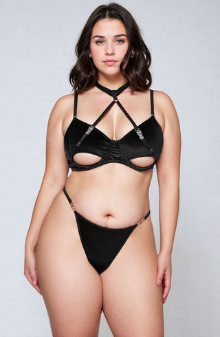 YesX YX871Q Hollow Cut Black Velvet Halter Bra Set (Plus Size)