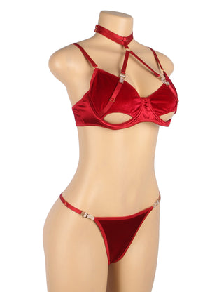 YesX YX872 Hollow Cut Red Velvet Halter Bra Set