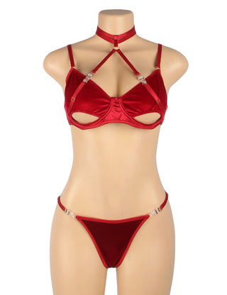 YesX YX872 Hollow Cut Red Velvet Halter Bra Set