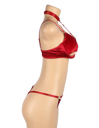 YesX YX872 Hollow Cut Red Velvet Halter Bra Set