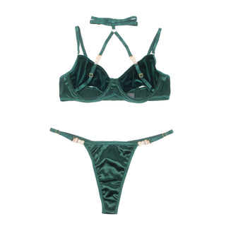 YesX YX873 Hollow Cut Green Velvet Halter Bra Set