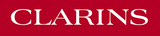 Clarins logo on a red background