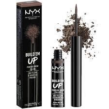 NYX Professional Makeup brow product set including powder, gel, and packaging on a white background