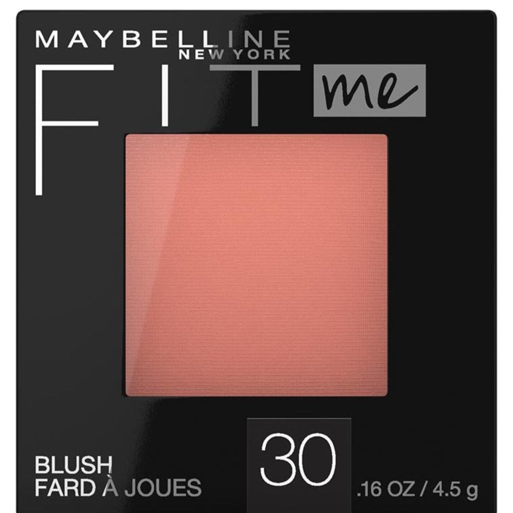 Maybelline Fit Me blush packaging with a square swatch of blush color on a black background.