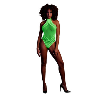 Glow in the Dark Halter Tie Neck Bodysuit - Neon Green - One Size