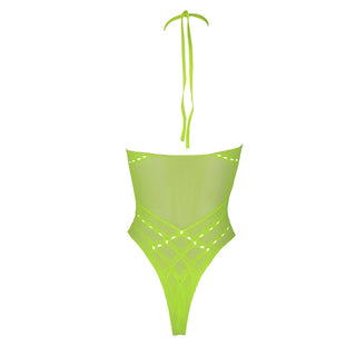 Glow in the Dark Halter Tie Neck Bodysuit - Neon Green - One Size