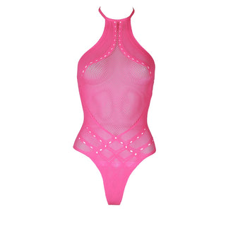 Glow in the Dark Halter Tie Neck Bodysuit - Neon Pink - One Size PLUS