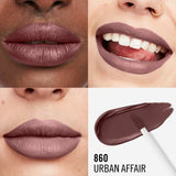 Lipstick shade 860 Urban Affair on different skin tones with a swatch and applicator.