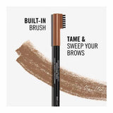 Eyebrow pencil with built-in brush and brown color swatch on a white background