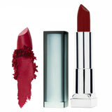 Red lipstick with silver casing and swatch on a white background, labeled '970 Daring Ruby'.