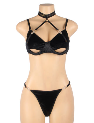 YesX YX871 Hollow Cut Black Velvet Halter Bra Set